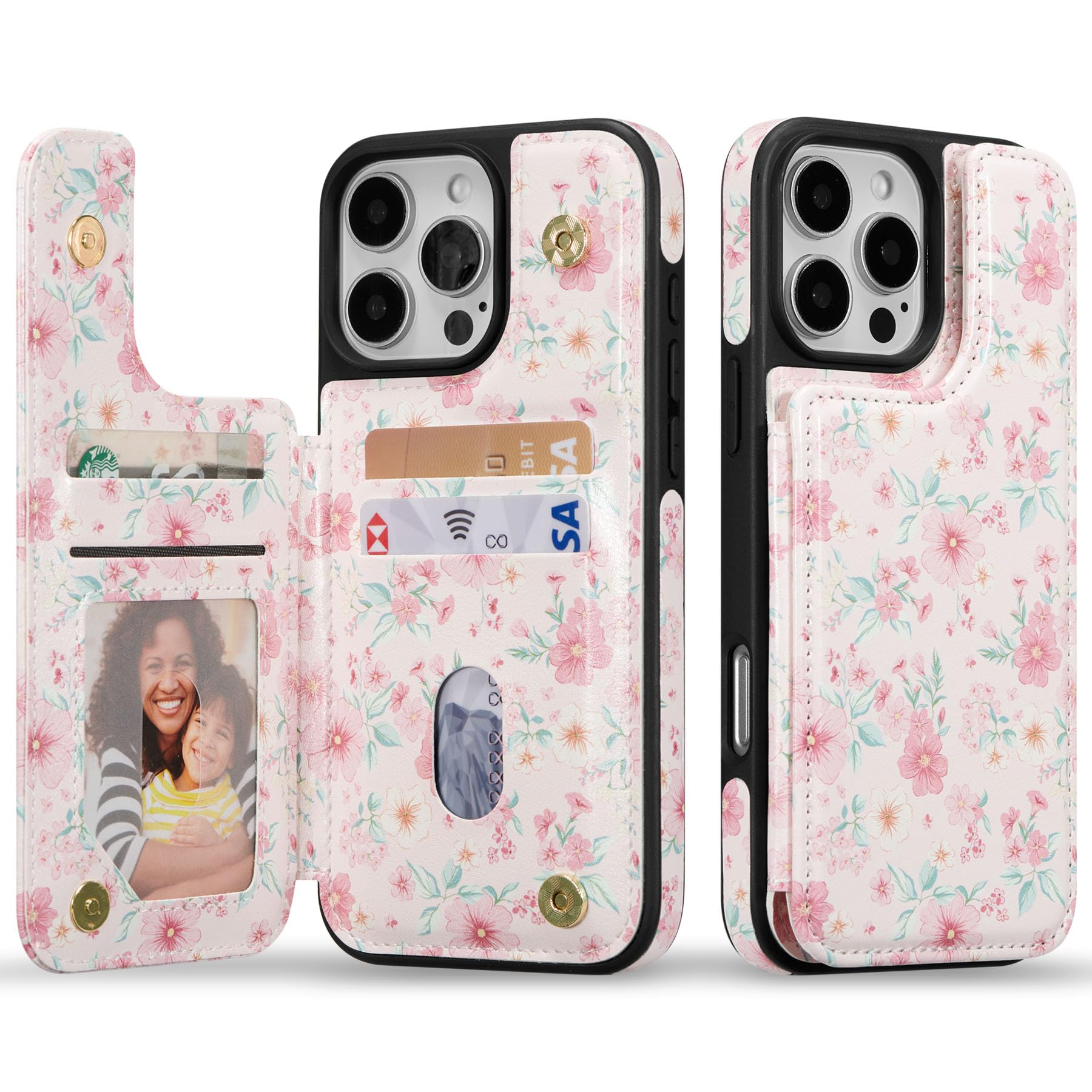 ZCDAYE Custodia IPhone 16 Con Porta Carte E Fiori Trasparenti – Morbida TPU, Rosa Delicato - 2