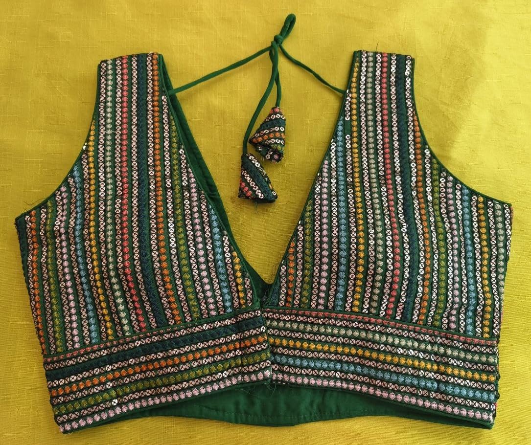 Pujia Mills Women's Sleeveless Sabyasachi Pattern V Neck Embroidery Work With Sequence Indian Ethnic Wear Readymade Saree Blouse For Lehenga Choli (Green, 40)