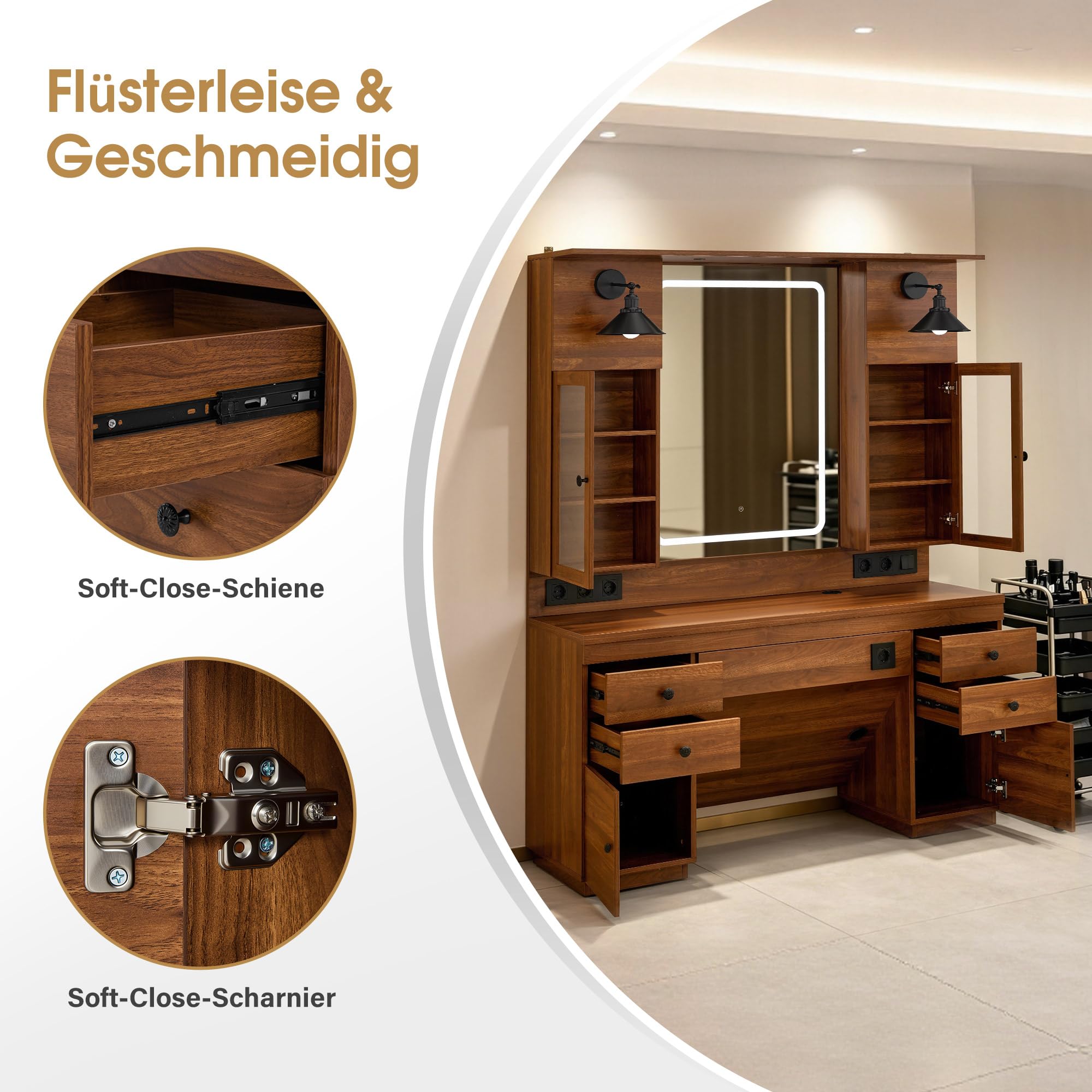Barberpub Friseurplatz mit 4 Schubladen, Schminktisch mit Spiegel, Bedienungsplatz mit 6 Ablagen & 2 Schränken, Spiegelschrank mit Beleuchtung, Spiegeltisch, Friseureinrichtung, J3140 (Braun)