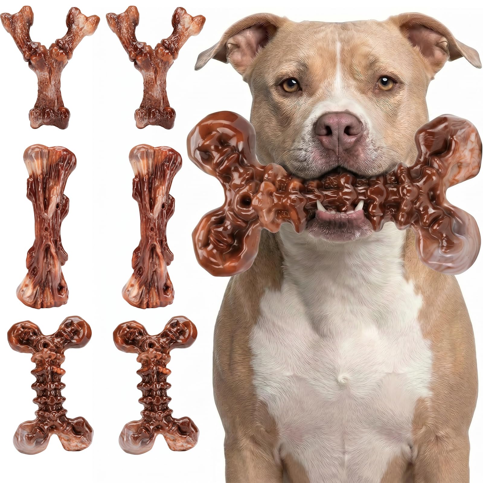 Paquete de 6 juguetes masticables de nailon resistente para perros medianos y grandes, sabor a tocino, nailon puro para masticadores agresivos, reduce el aburrimiento, formas variadas para un