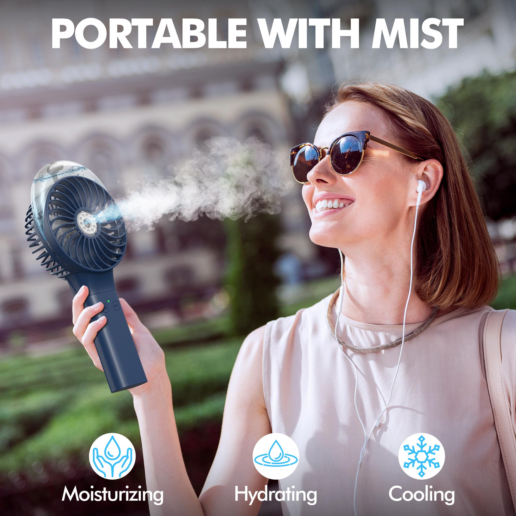 MORECORE Ventilateur brumisateur portable à piles rechargeable pour la marche, les voyages, l'extérieur, la maison, le bureau (bleu foncé)