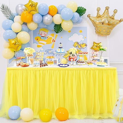 Falda de mesa de tul amarillo de 9 pies, mantel con tutú de limón para niños, fiesta de cumpleaños, postre y decoración de mesas redondas (L 9 pies,