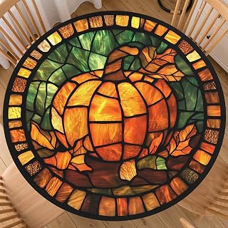 Fall Pumpkin Stained Glass Round Fitted Tablecloth with Elastic Edge Abstract Maple Leaf Thanksgiving Waterproof Table Cover for 40"-44" Autumn Orange Vintage Kitchen Picnic Party Outdoor Home Decor.