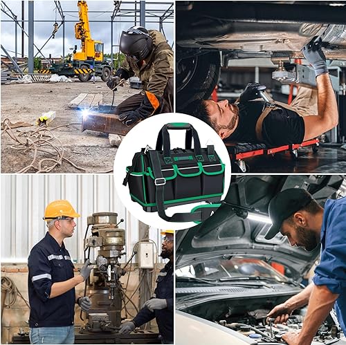 Miniatura 7 de AIRAJ Bolsas de herramientas de 16 pulgadas para hombres resistentes, bolsa de almacenamiento de herramientas de boca ancha con 16 bolsillos y base