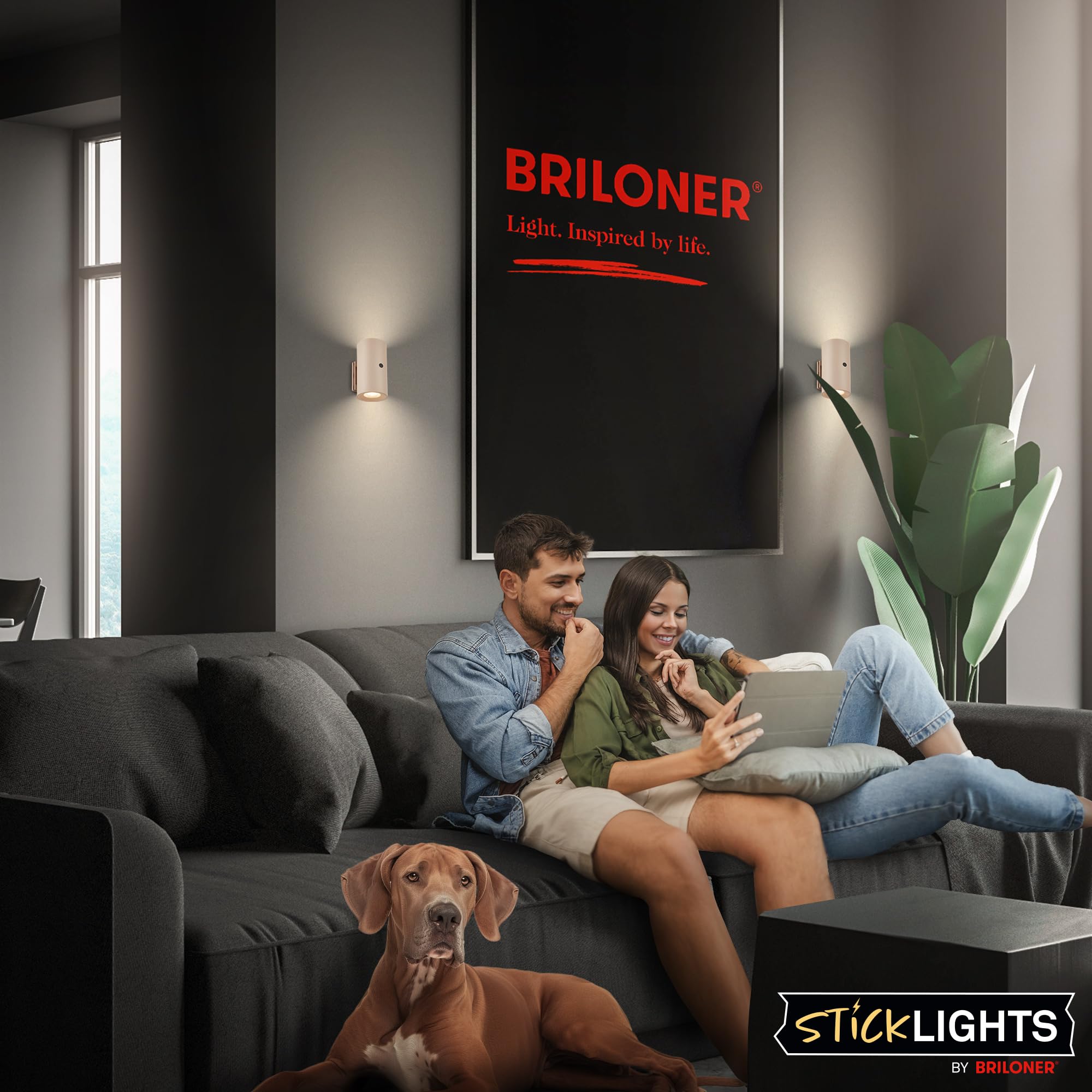 BRILONER Sticklights - LED Wandleuchte ohne Stromanschluss und ohne Bohren mit Akku, Touch, dimmbar, warmweißes Licht, Wandlampe zum Kleben, Leselampe, Wohnzimmerlampe, Flurlampe, 6,1x12 cm, Beige