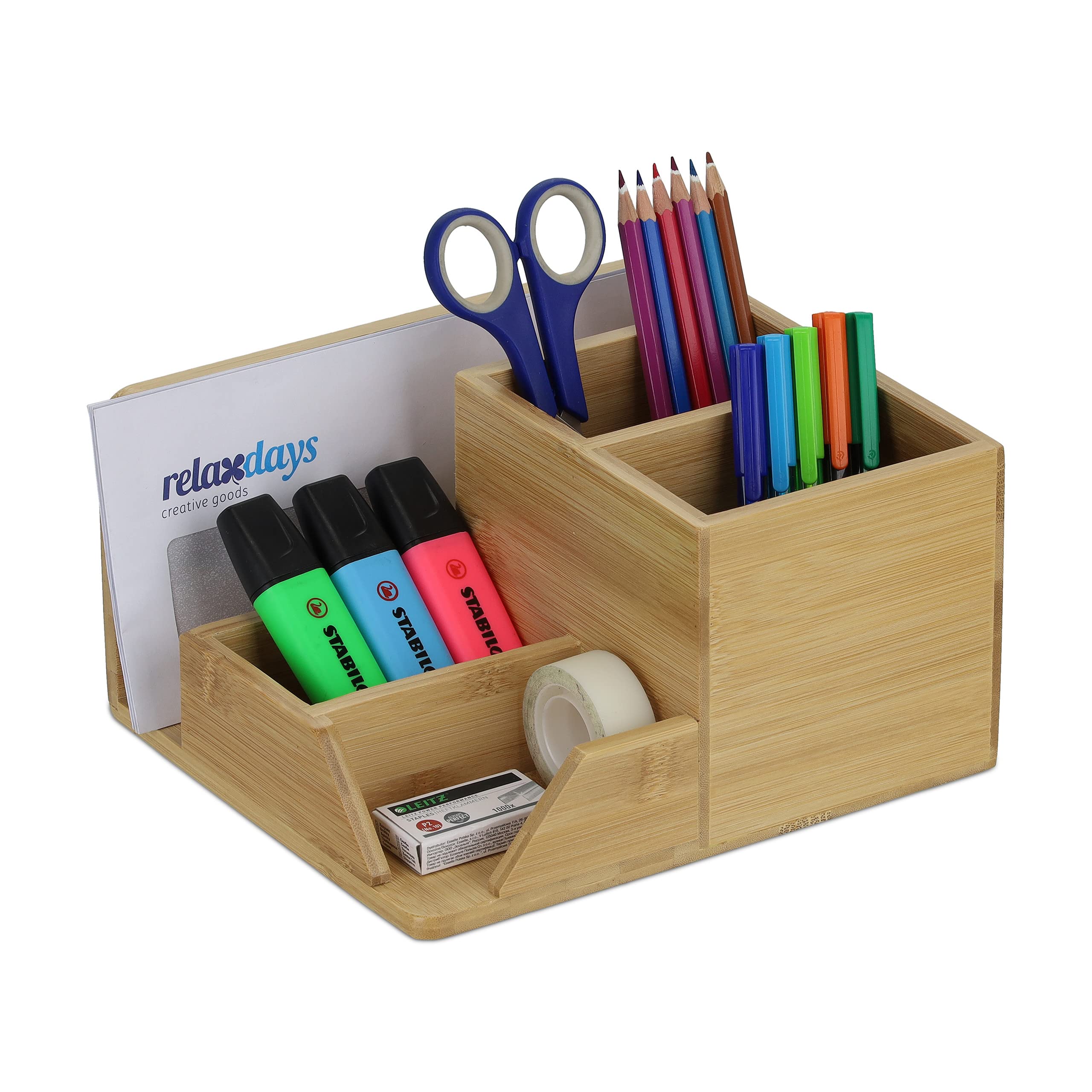 Relaxdays Desk Organiser, 5 Compartments, H x W x D: 11.5 x 22 x 19 cm, Bamboo, Natural