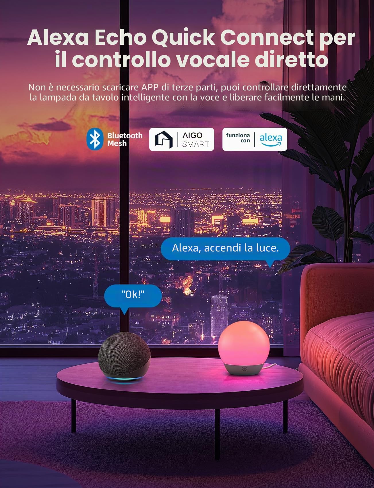 Aigostar Lampada da Comodino Smart, Controllo dei Colori a strati Bluetooth Lampada Tavolo Compatibile con Alexa, Dimmerabile RGB CCT, per camera da letto soggiorno, 2pcs