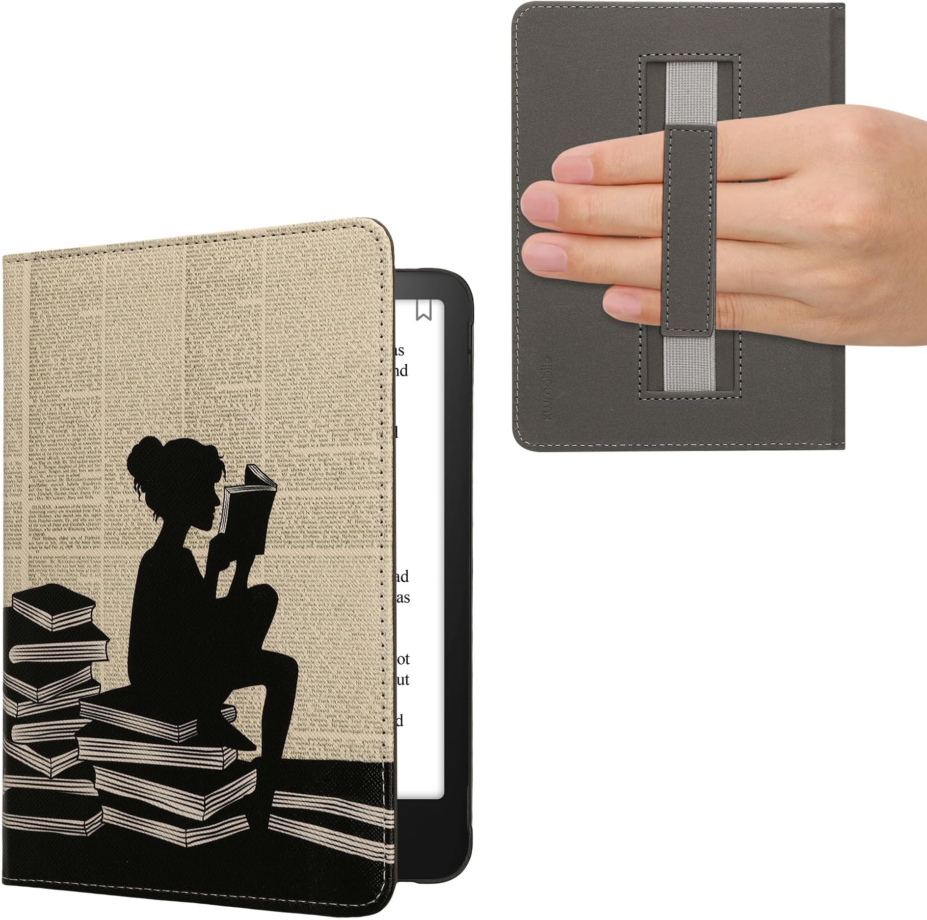 kwmobile Case Compatible with Amazon Kindle Paperwhite (2024)/Colorsoft Case - PU Cover w/Strap - Girl and Books Black/Beige