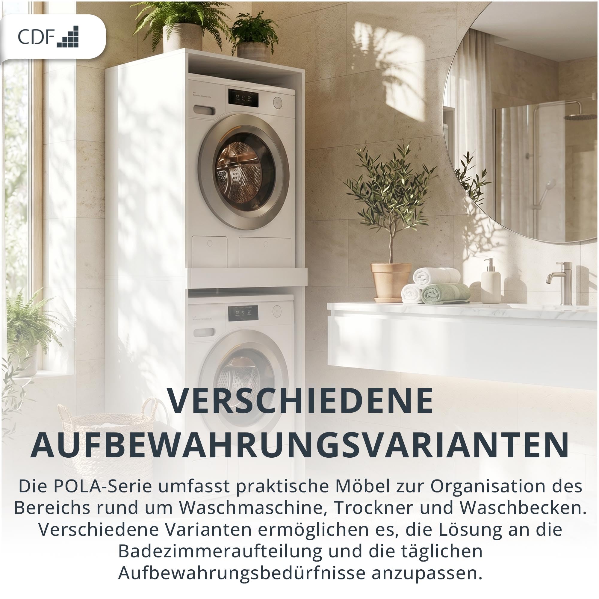 CDF Waschmaschinenschrank DOPPELT Hochschrank für Waschmaschine Wäschetrockner Badschrank Trockner Schrank Waschmaschinenschrank Überbauschrank 64x64x180 cm Badregal Robuste Platte Weiß - Pola
