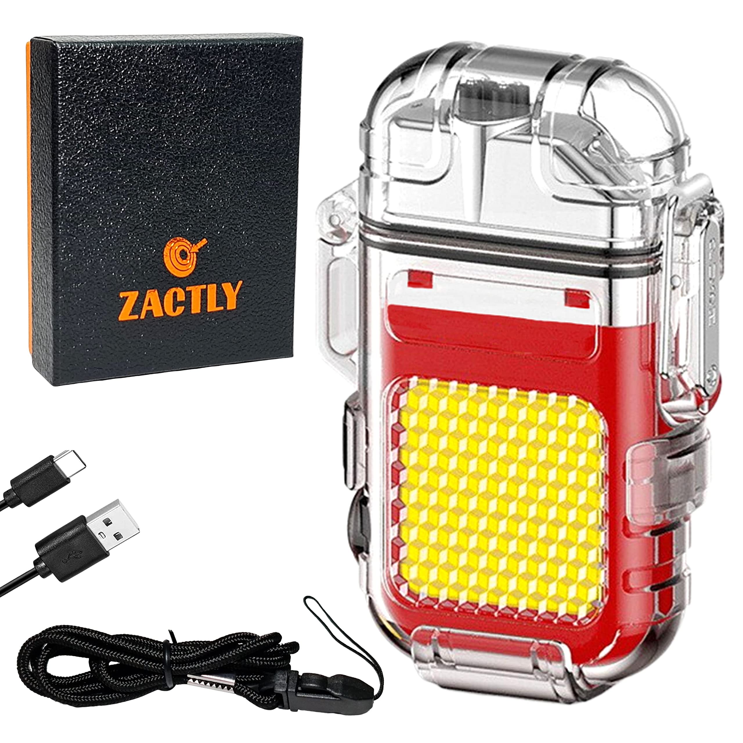Zactly MODEL AL10 Transparent Electric Lighter Dual Arc Multifunction USB Type-C Rechargeable Waterproof Windproof Dustproof with Led Light, Whistle & Lanyard, Camping, Outdoor Survival Tool (Red)