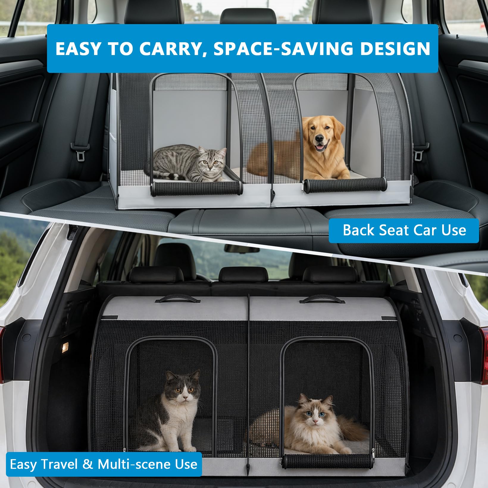 Asiento de Coche Plegable para Perros Transportín para Gatos Lavable Impermeable Caja de Transporte para Perros Extra Resistente para 2 Gatos o Perros pequeños para Picnic Viajes Turismo