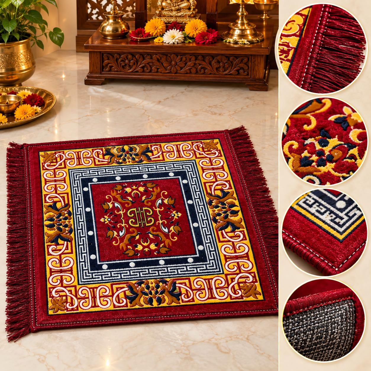 Traditional Pooja Carpet - Soft Velvet Prayer Mat -6 Traditional Pooja Carpet - Soft Velvet Prayer Mat -6