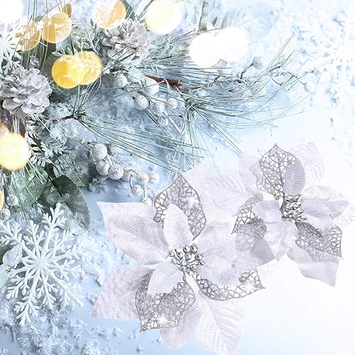 Vista 75 de Boao 24 Pieces Christmas Artificial Glitter Poinsettia Flowers Xmas Flowers Wedding Christmas Tree New Year Ornaments(Green)