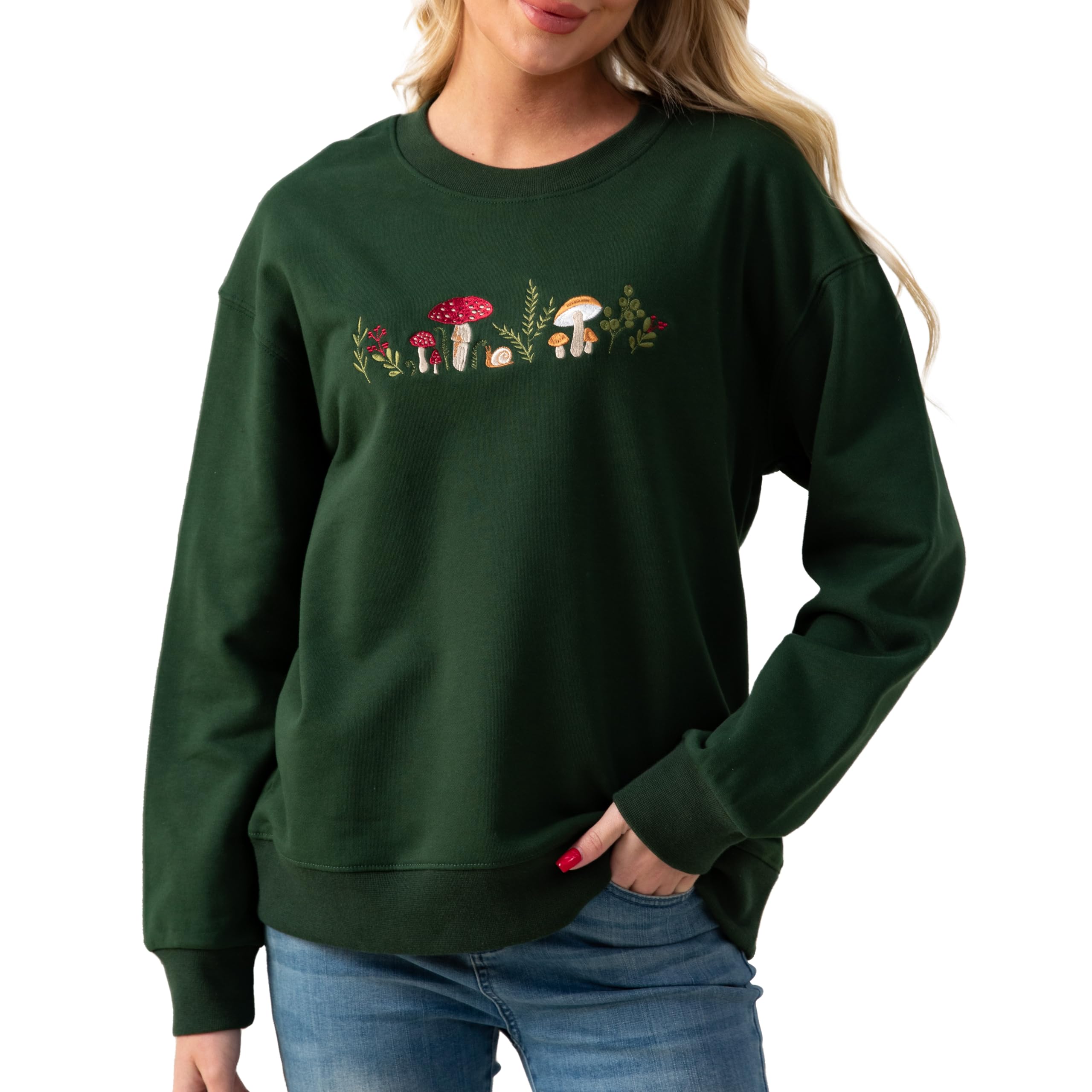ELAIXV Mushrooms Embroidered Oversized Sweatshirt for Women - Soft French Terry Cotton Crew Neck Sweater