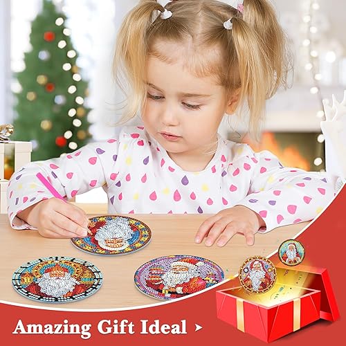 Miniatura 7 de Juego de 6 posavasos de pintura de diamantes de Papá Noel para bebidas con soporte, juegos de posavasos de arte de diamantes de Papá Noel para