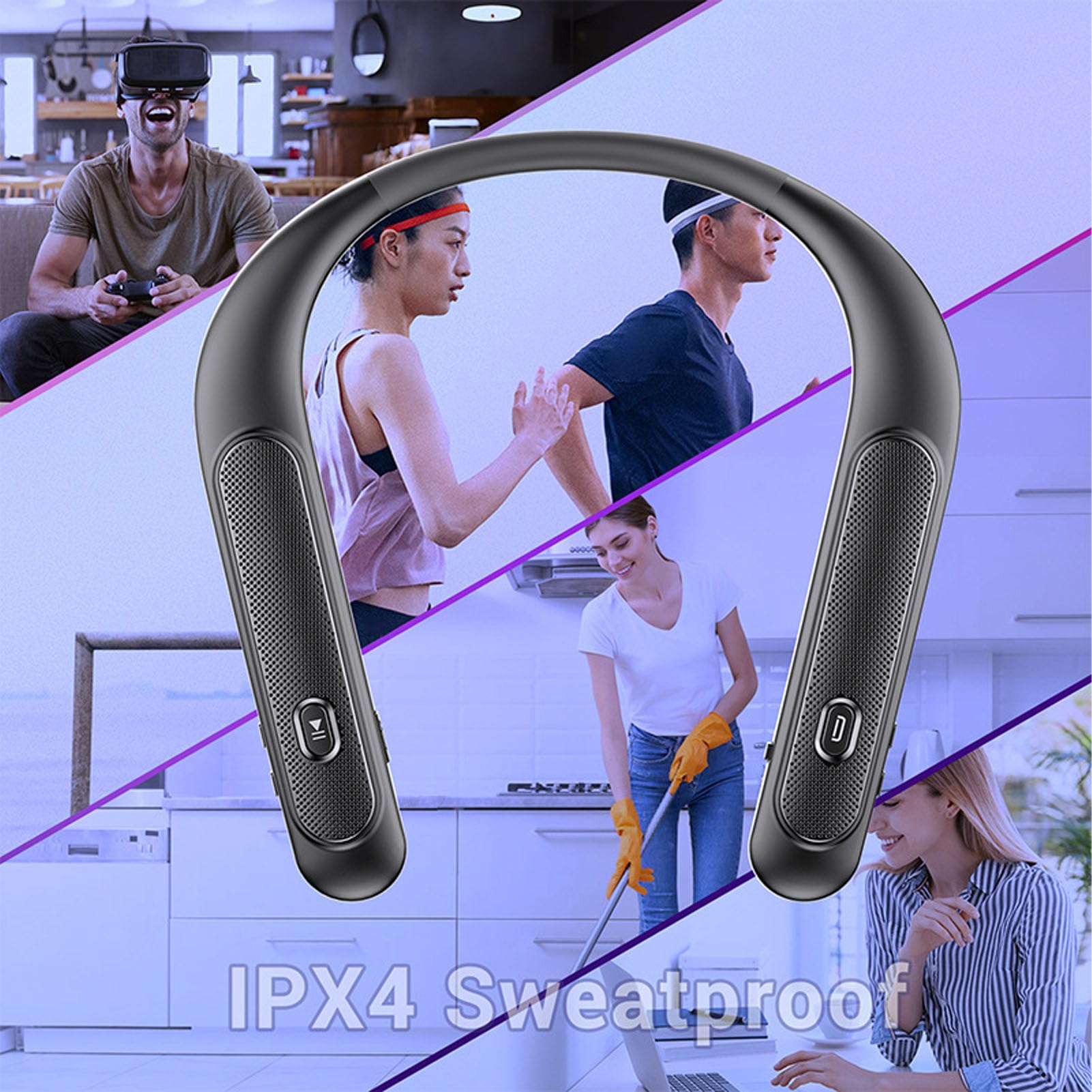 Altavoz Inalámbrico con Banda para el Cuello, Sonido Estéreo 3D Recargable, Tiempo de Reproducción de 12 Horas, Liviano 90 G, Resistente Al Agua IPX4, Micrófono Incorporado, Parlantes 5Wx4,