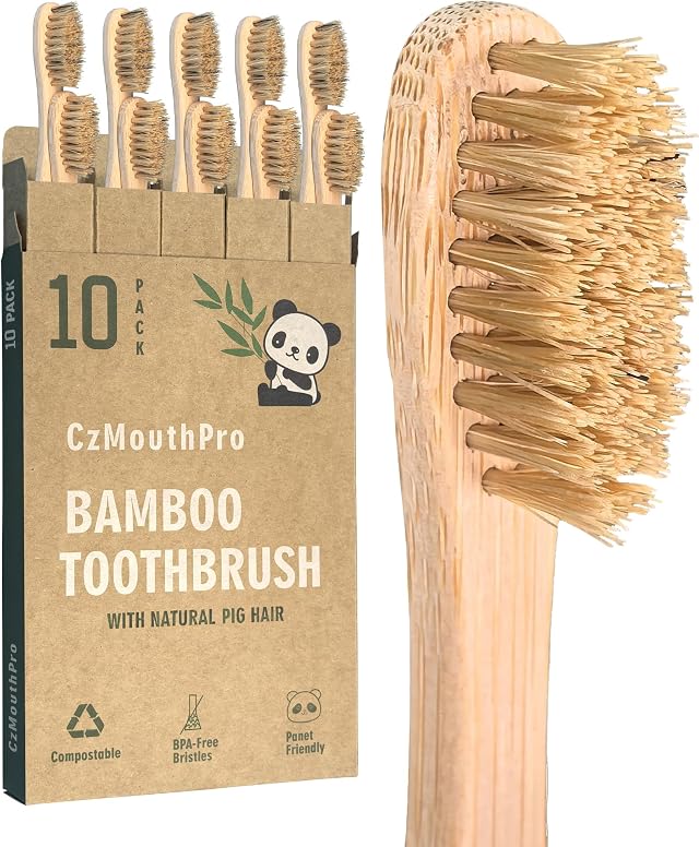 Boar Bristle Bamboo Toothbrush 10 Pack Compostable Plastic Free | Natural boar bristles bamboo, compostable, BPA/PFAS free, ideal for home, travel & hotel bulk use for eco adults.