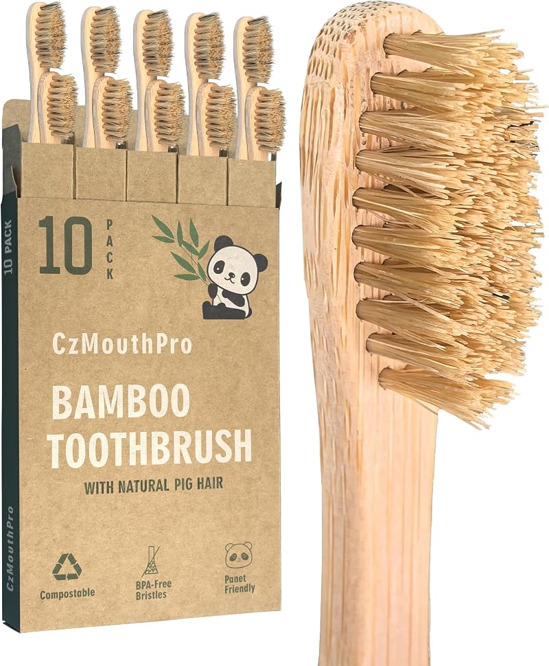 Boar Bristle Bamboo Toothbrush 10 Pack Compostable Plastic Free