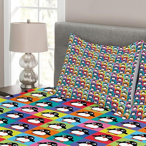 Miniatura 2 de Ambesonne Penguin Bedspread, Rainbow Colored Checkered Squares Pattern with Arctic Animal Cartoon Character, Decorative Quilted 3 Piece Coverlet Set