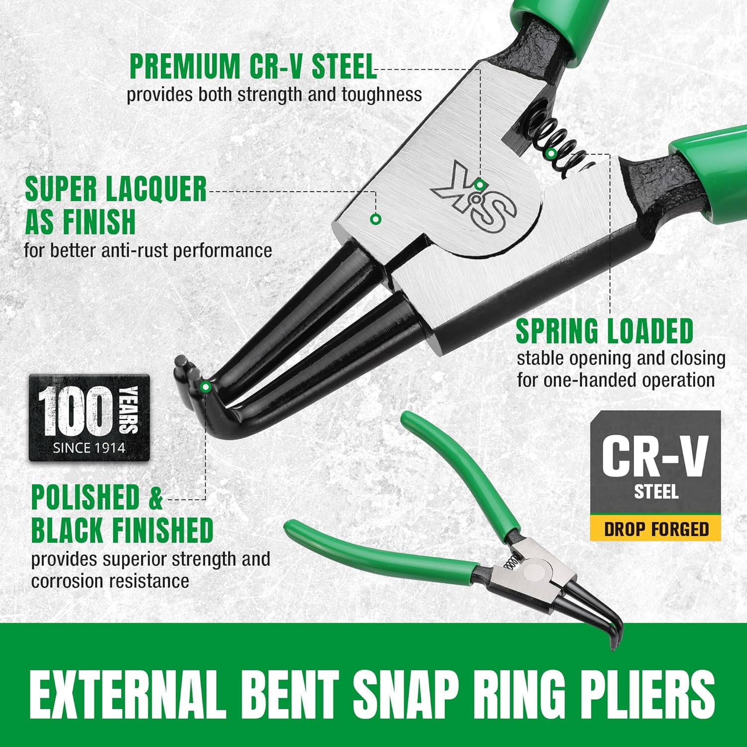 SK 7-Inch Snap Ring Pliers, External Circlip Pliers with 90-Degree Bent Jaw, Tip Diameter 0.07'', Premium CR-V Steel