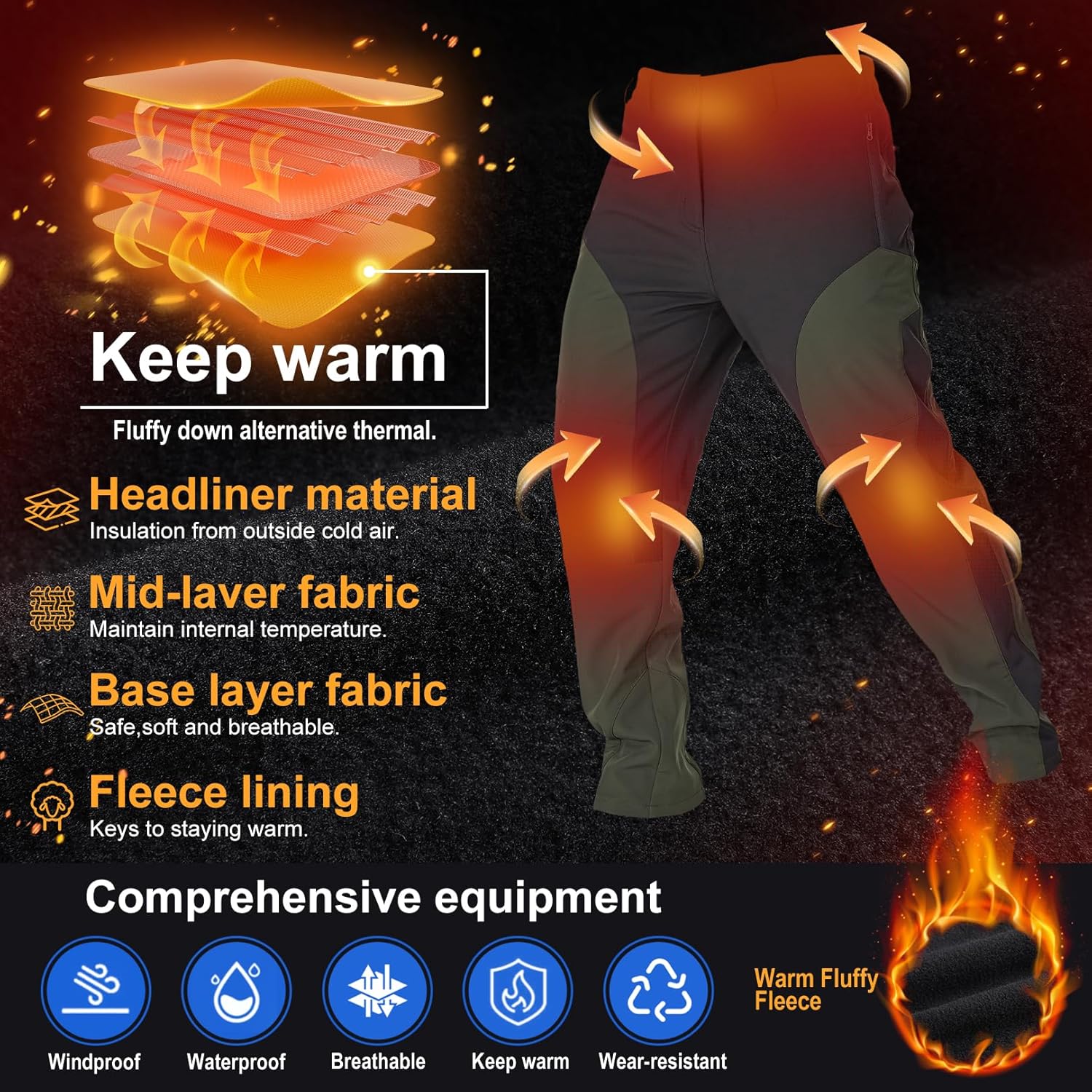 Mens Hiking Snow Pants Skiing Winter Fleece Lined Water Repellent Softshell Pants Outdoor Camping Walking Fishing - Image 4