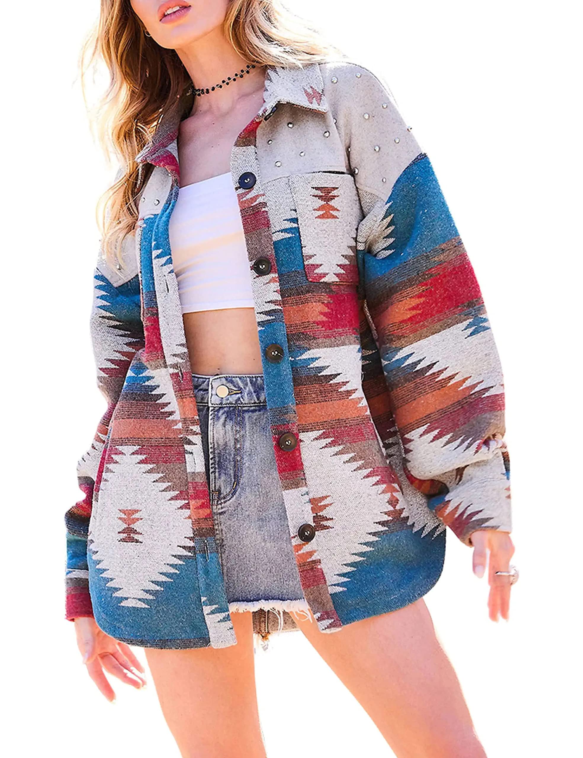 SpringrainWomens Aztec Print Shacket Lapel Long Sleeve Button Down Shirt Jacket