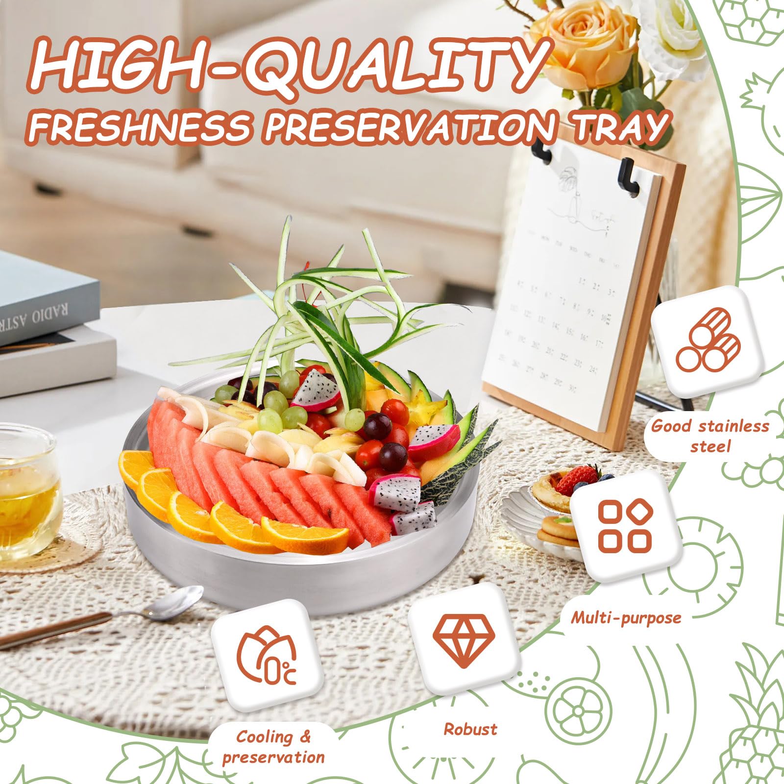 Plateau de service réfrigéré en acier inoxydable 304 de 23,6 cm, pour apéritif et crevettes avec glace en dessous, plateau de fête glacé pour buffet alimentaire (argenté)