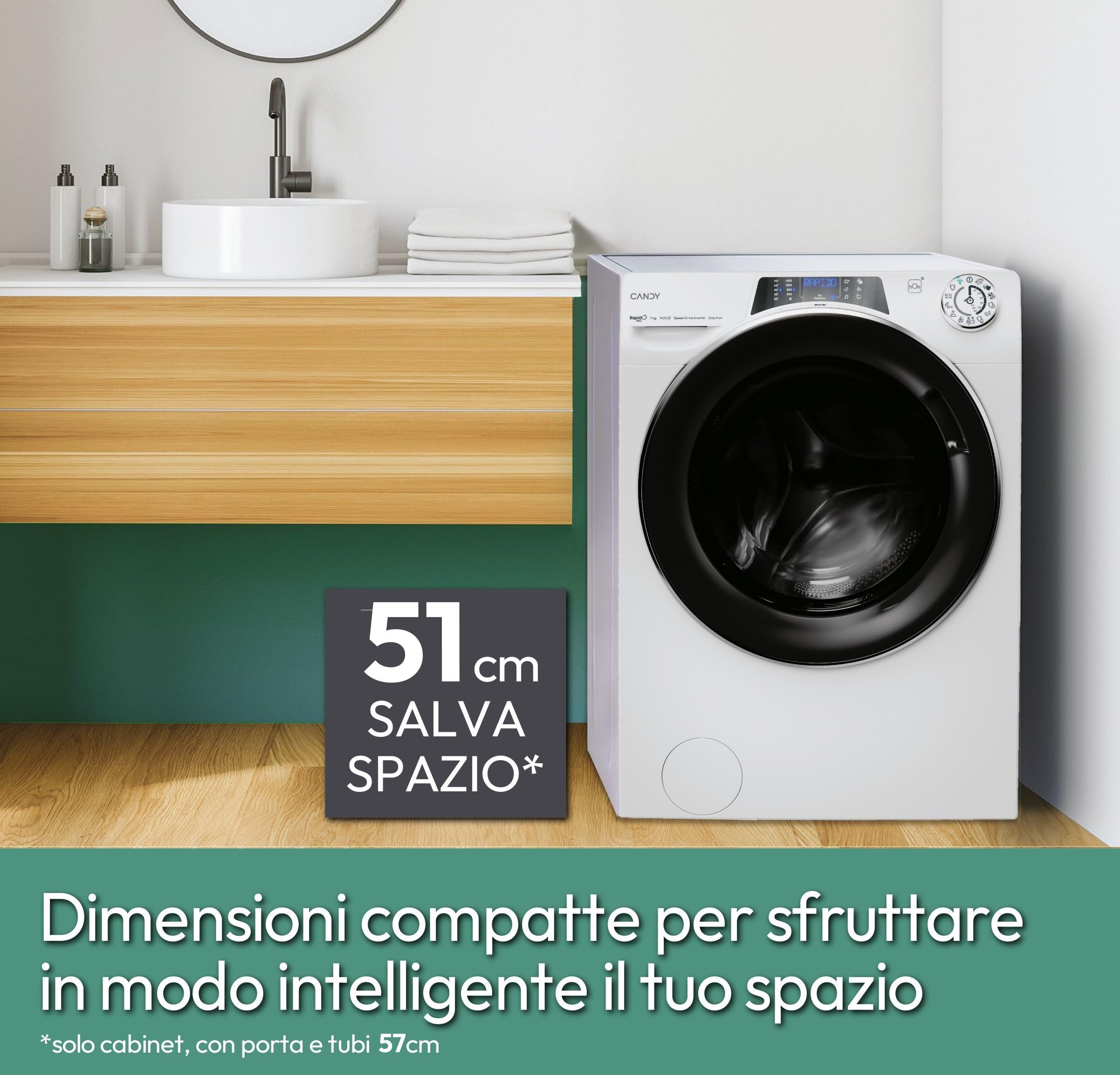 Candy RapidÓ PRO Lavatrice Slim 9 Kg 1400 Giri, Classe A -40%, Motore Inverter, Wi-Fi e Bluetooth, Programmi Rapidi, Funzione Vapore, App hOn con 60+ Cicli, 60x58x85 cm, RP496DWMB12/1-S