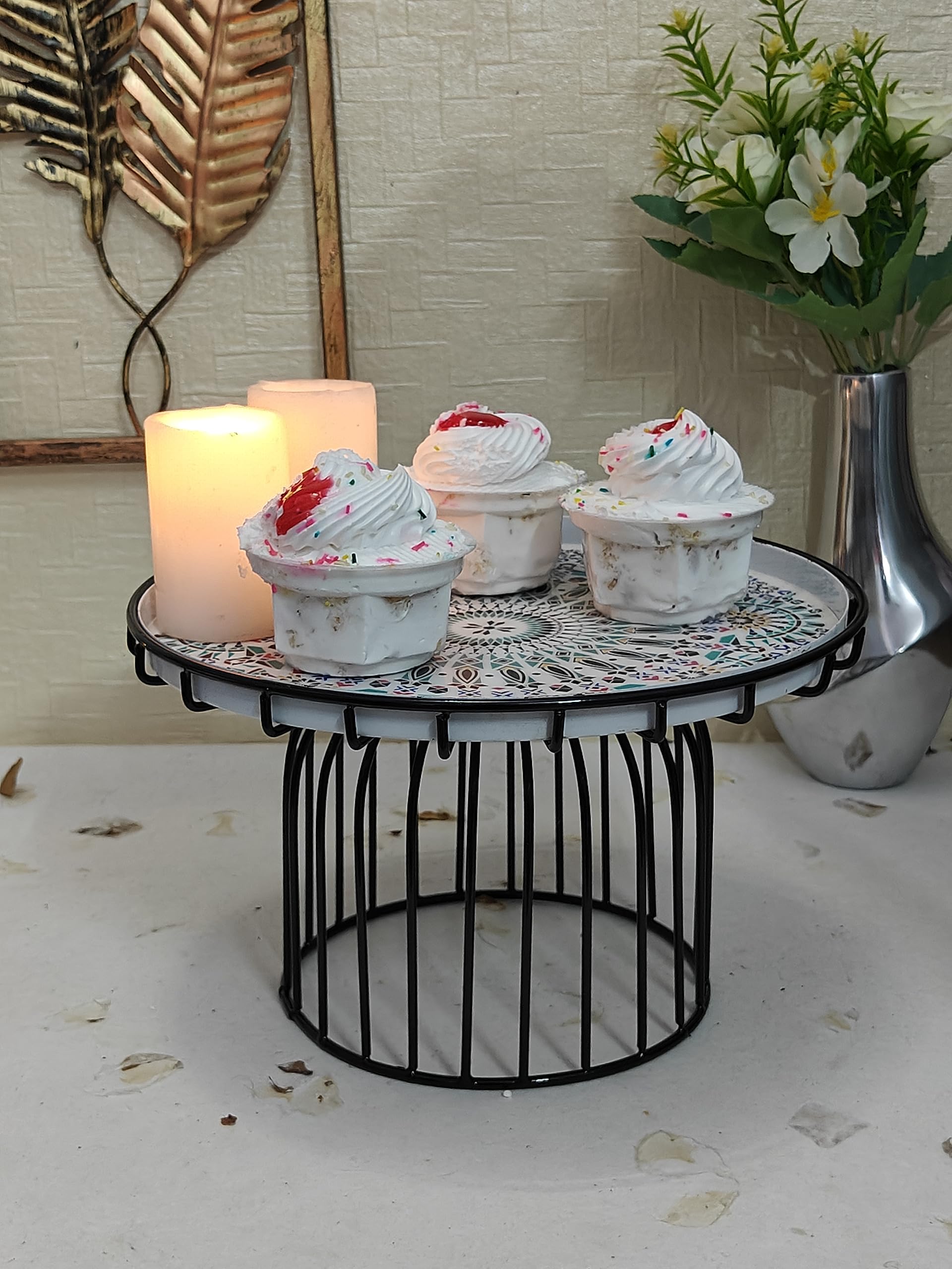 Dream Deco Metallic Cake Stand with Plate | Dessert Stand with Printed Design Plate| Fruit Stand (25x25x15 cm) for 1 Pound Cake only