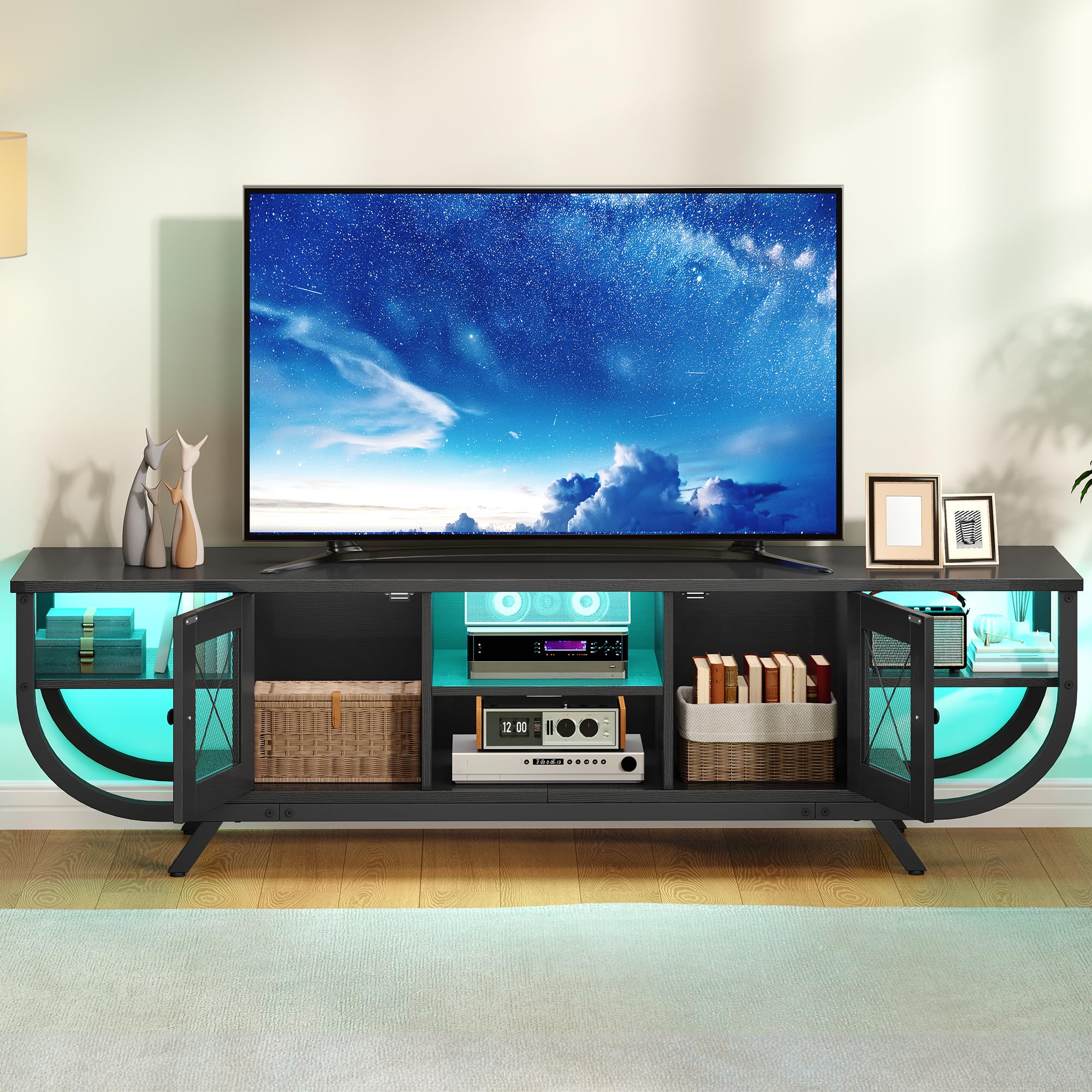 YITAHOME Meuble TV Industriel, Meuble Télé 160 cm Longueur pour Téléviseur Jusqu’à 65 Pouces avec Rangement Spacieux, Éclairage LED RGB, Cadre en Métal, Meuble Tele Salon, Chambre, Noir