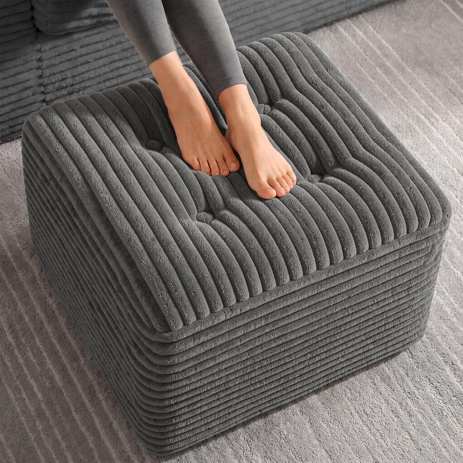 Round Stuffed Pouf Ottoman Foot Rest, Memory Foam-Filling Faux Fur Poufs, Living Room, Nursery, and Dorm Ottomans, Soft Foot Stool Ottoman for Couch, Ideal for Foot Resting Grey-image-45