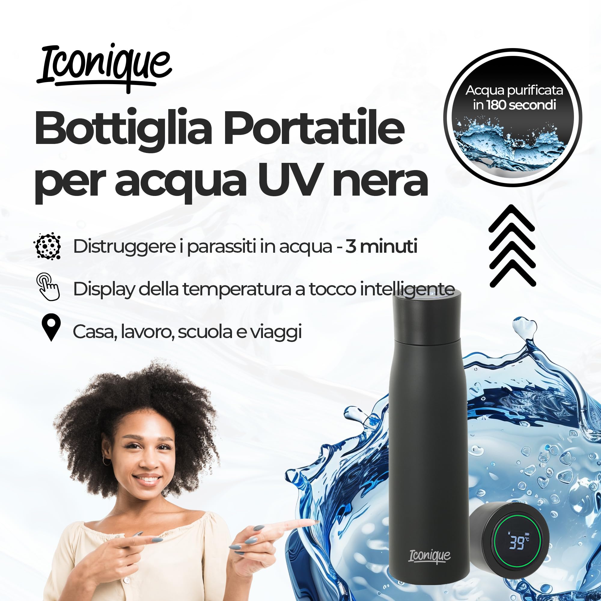 Iconique Borraccia In Acciaio Inossidabile Con Filtro UV | 500ml | Nero | Filtro Per L’acqua Autopulente, Coperchio Con Indicatore Di Temperatura A LED, Funzione Di Promemoria Per Bere