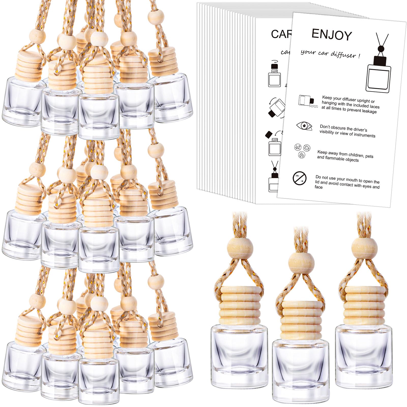 DaisyInner 100 Sets Car Diffuser Bottles Empty Bulk Hanging Car Air Freshener Diffuser Bottles Glass Perfume Holder with Instruction Cards for