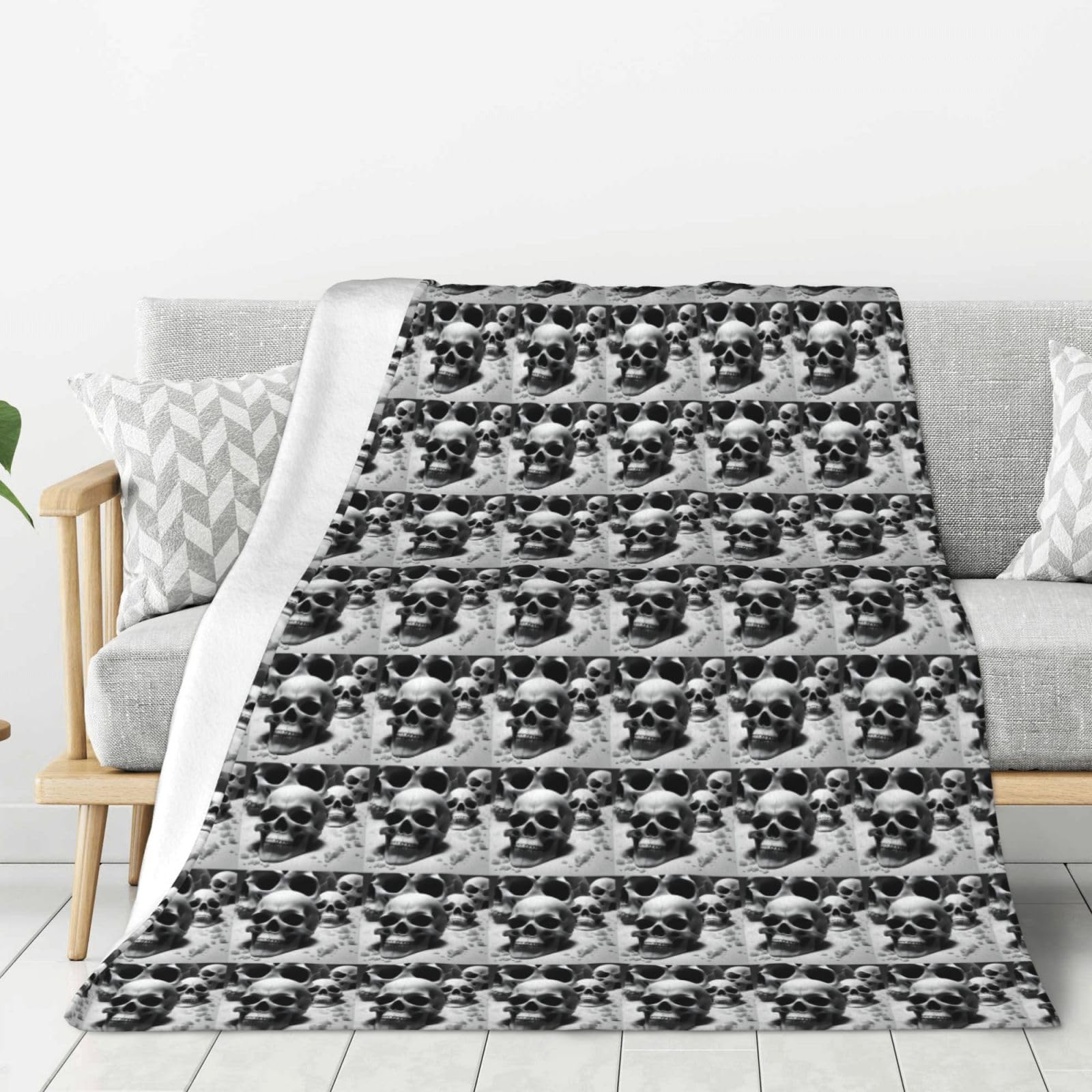 Couverture crâne noir et blanc grande taille chaude et douce pour lit et canapé
