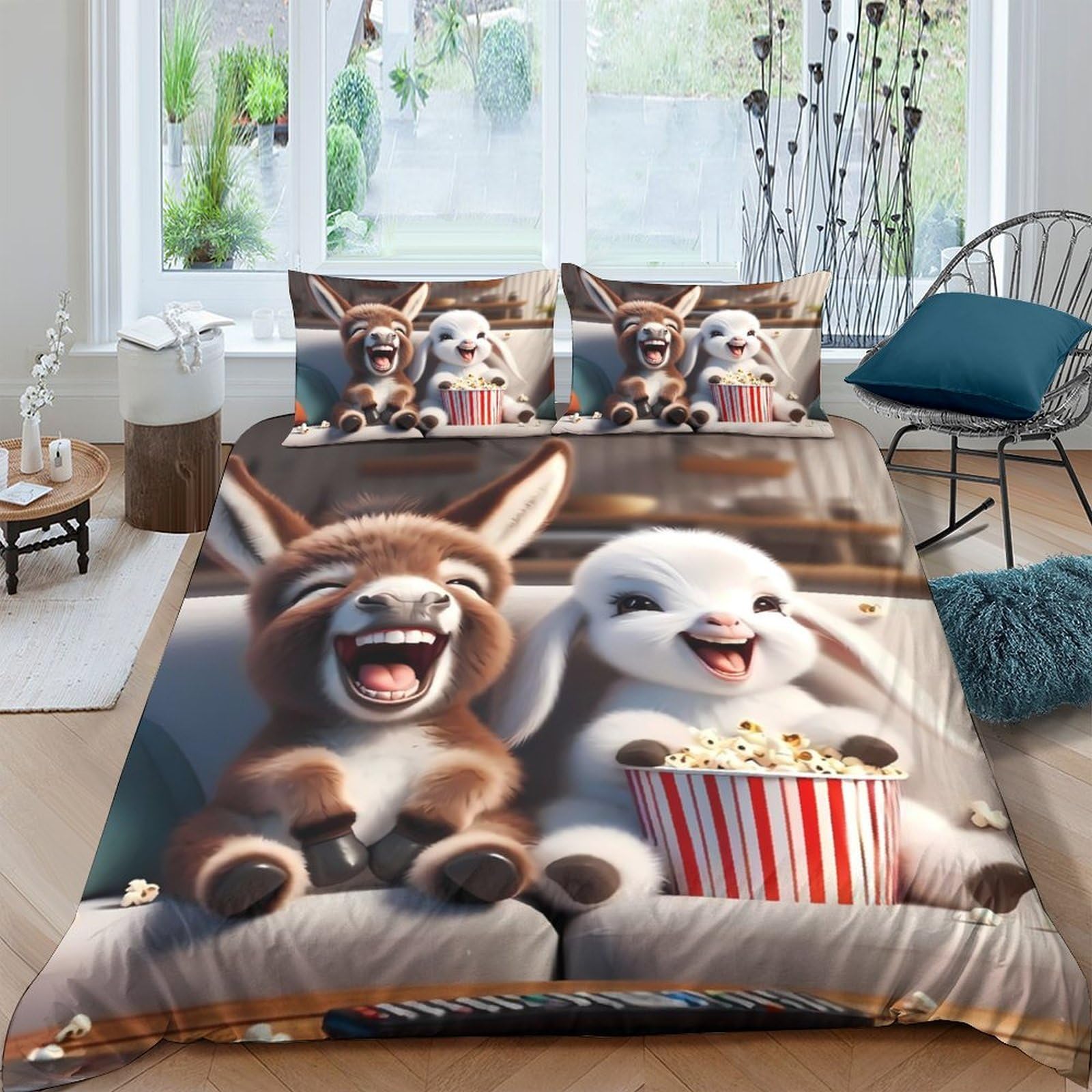 Ctjqhvkz Style-7 3D Printed Cartoon Donkey Rabbit Fitted Sheet Microfiber Soft Anti-Slip Popcorn Bed Cover Bedroom Decor Single（135X200cm）