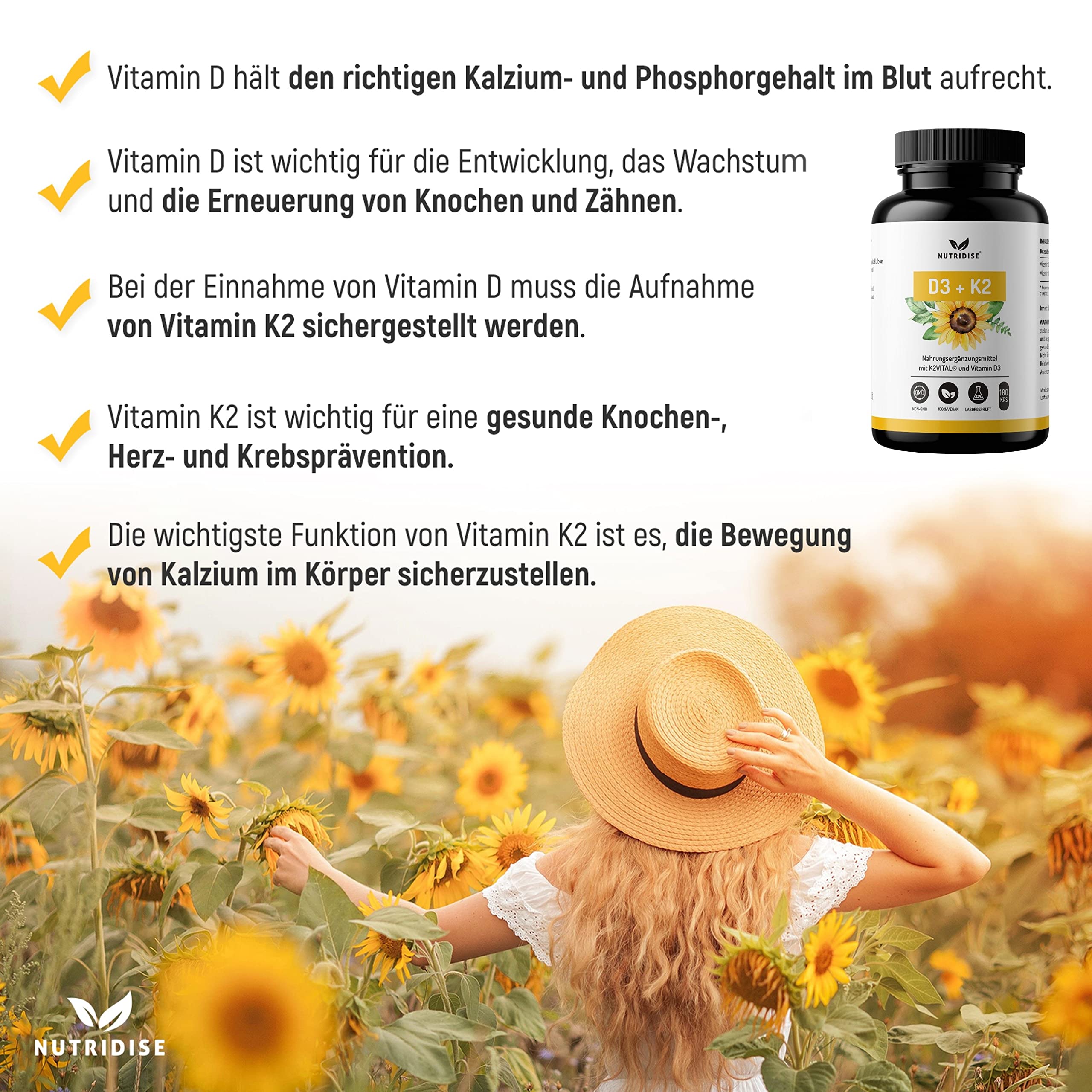 Vitamin D3 + K2 Kapseln – 1000 IE D3 + 100 µg K2VITAL MK7 99,99% Trans-Form – optimales D3 / K2 Verhältnis - hochdosiert, laborgeprüft - 180 Kapseln (Packung mit 2)
