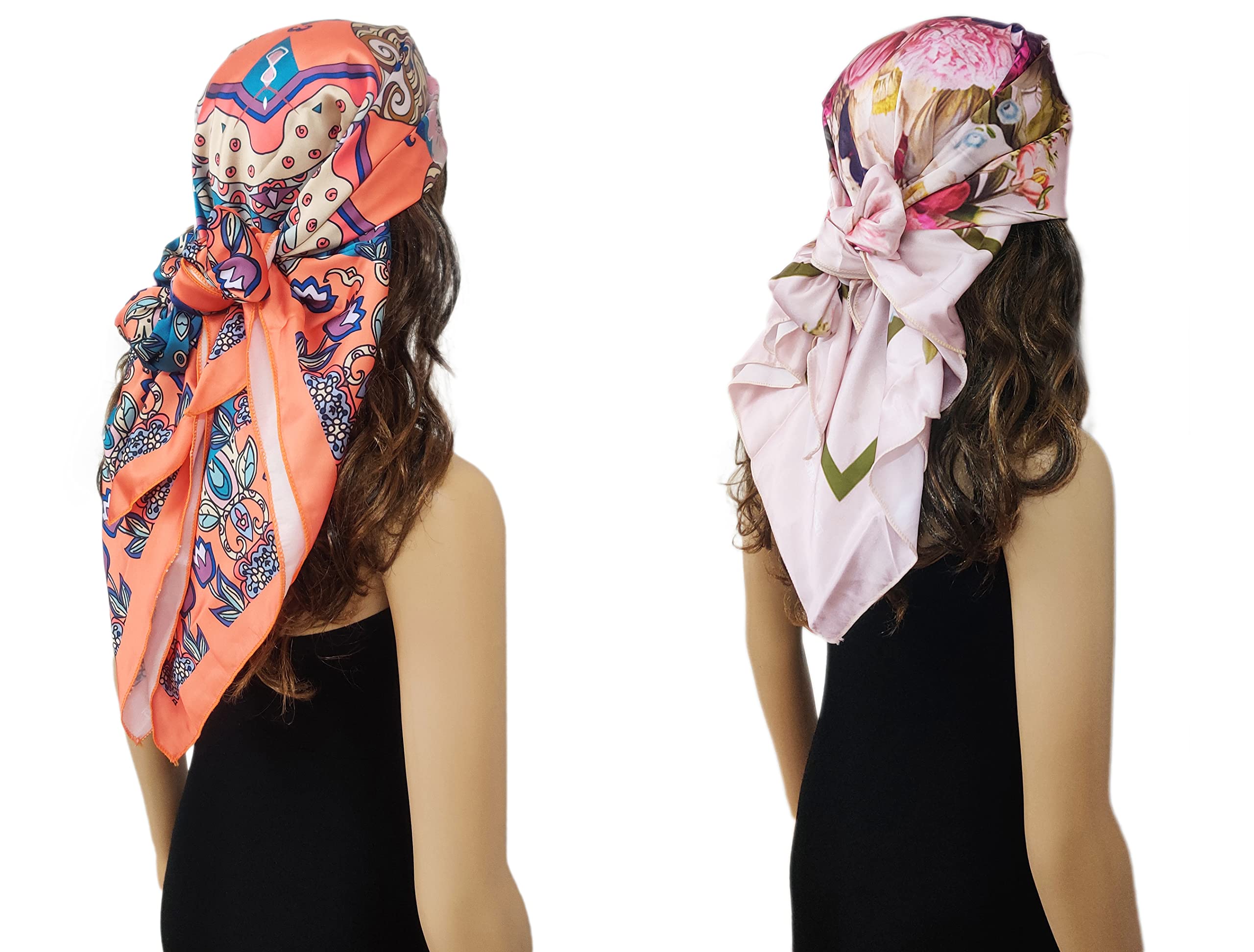ONE ECHELONSatin Silk Scarf for Women Lightweight Fashion Scarves, Wrap in Print Floral Pattern, Pack of 2 (Boho Orange and Pink Rose)