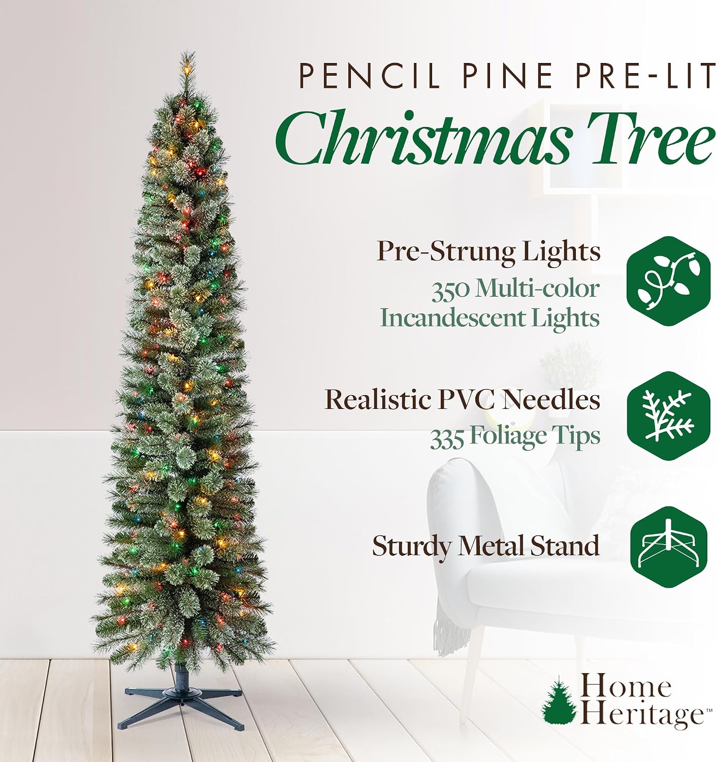 Home Heritage 7ft Stanley Pre-Lit Christmas Tree – Artificial Pencil Pine with Multicolor Incandescent Lights and 360° Rotating Metal Stand for up to 7.5ft Trees, Gold