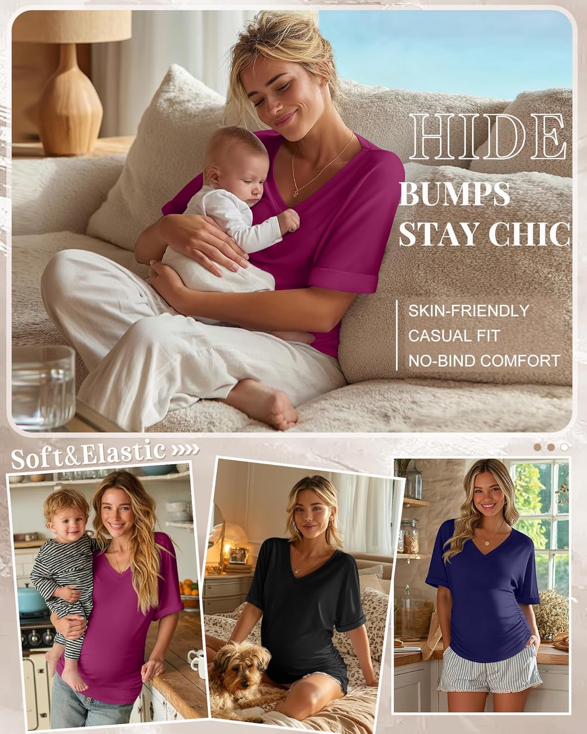 Ficerd 3 Pack Women's Maternity Shirts V Neck Half Sleeve Pregnancy Tunic Tops Side Ruched Mama Clothes Casual Tee Blouse - Image 2