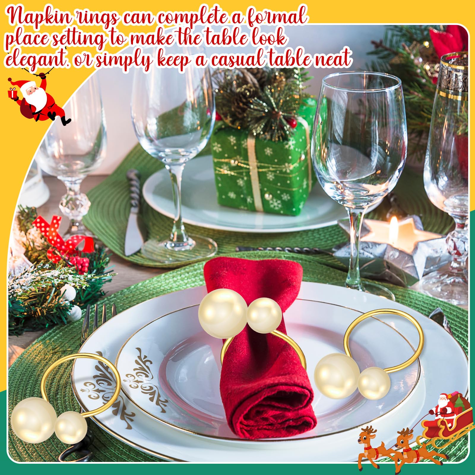Sliner Lot de 100 ronds de serviette de table en perles dorées pour table de salle à manger, Noël, fête de mariage