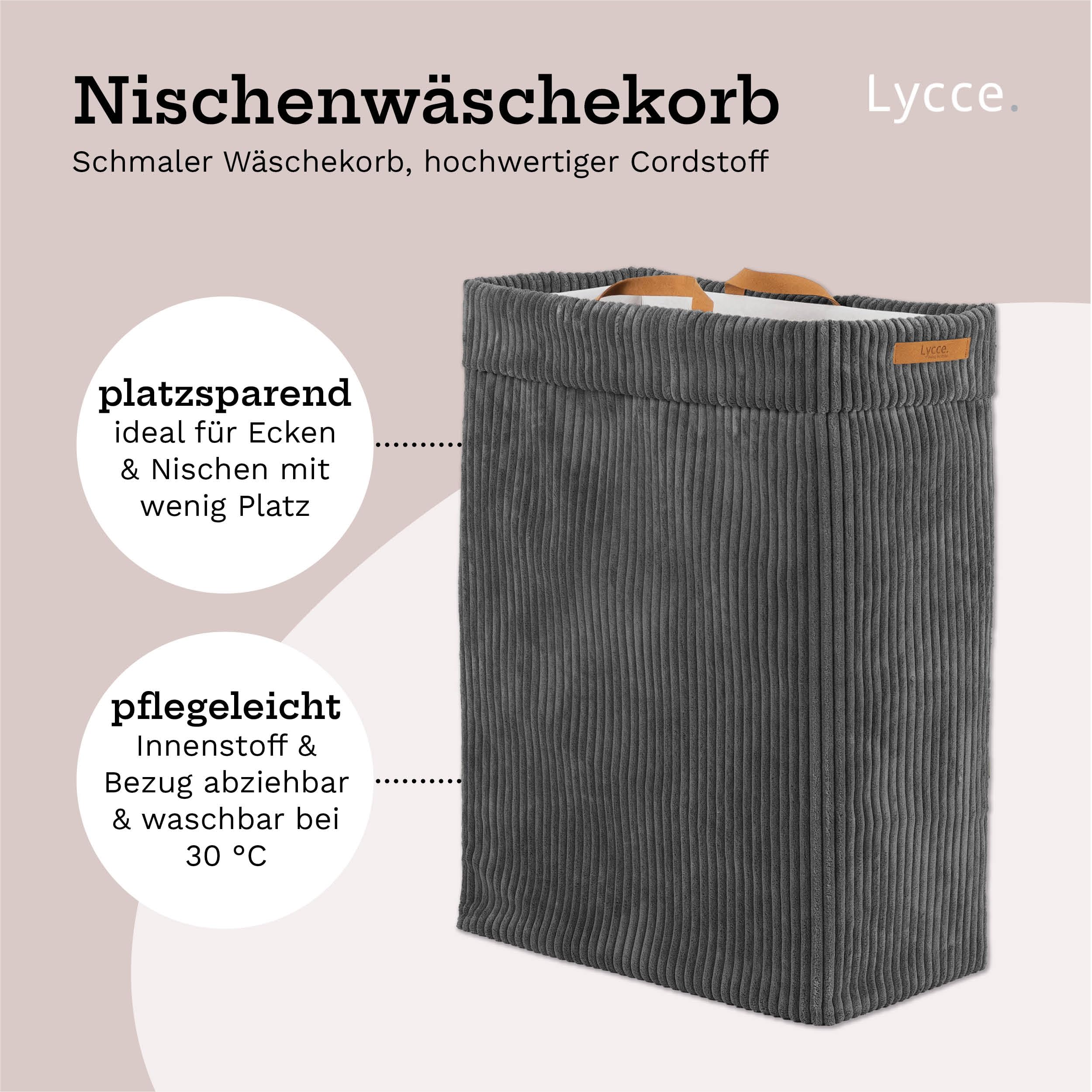 Lycce Wäschekorb Cord – Nischenwäschekorb, waschbar, faltbar (d.grau) | platzsparend & praktisch, waschbare Bezüge, faltbar, Schlafzimmer, Kinderzimmer & Badezimmer