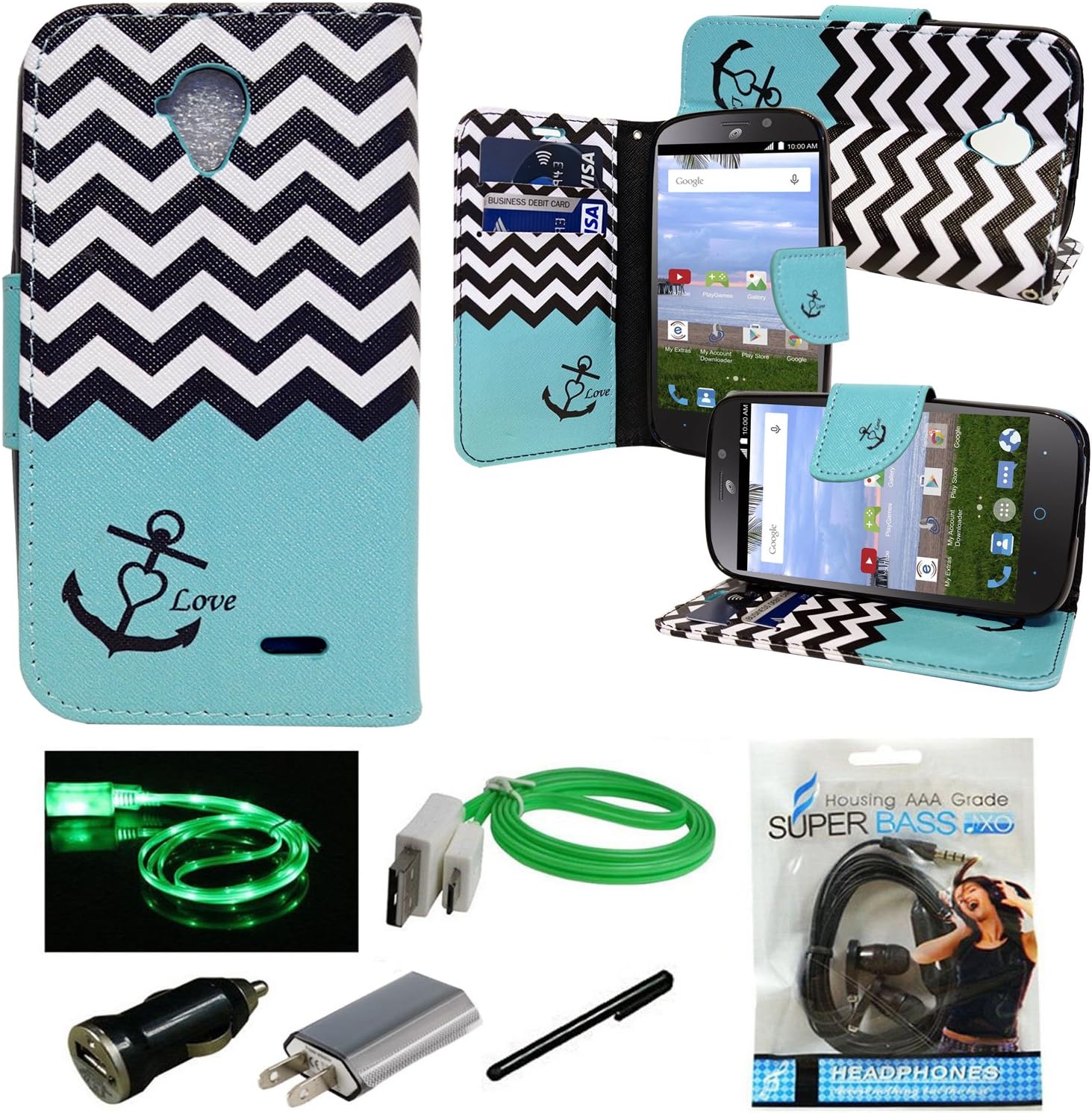 ZTE N817 Case, Mstechcorp, Unique Design Flip PU Leather Fold Wallet Pouch Case Premium Wallet Flip Case For ZTE N817 & ZTE Uhura Phone - Includes Accessories (Anchor Teal)