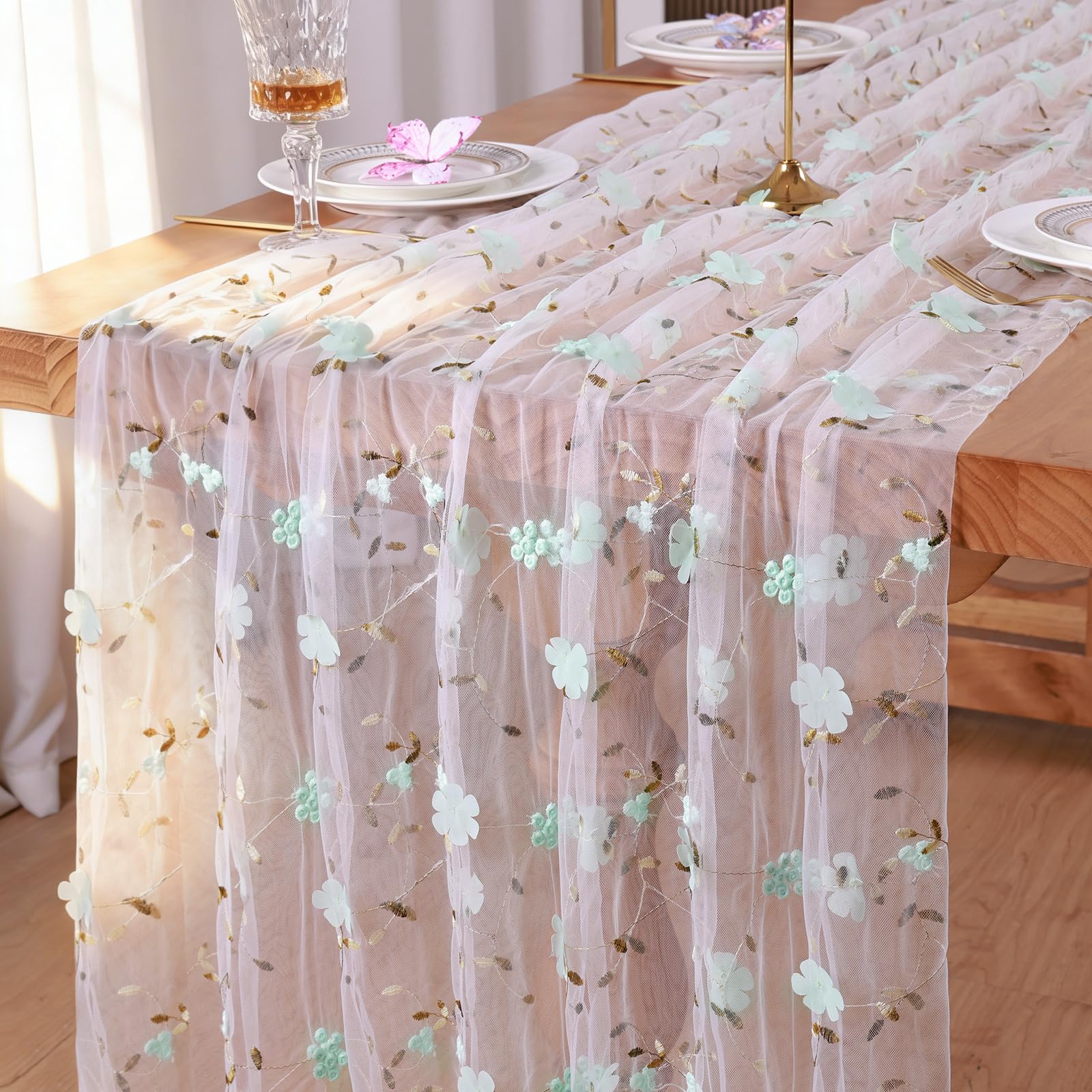 Weldomcor Green Gauze Table Runner, 70 × 300 cm Sheer Cheesecloth Table Runners with Embroidery 3D Flower Spring Seasonal Table Decor for Kitchen Dining Coffee Wedding Arch Birthday Party
