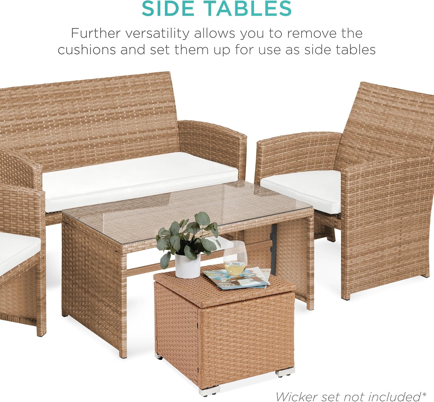 Best Choice Products Set of 2 Wicker Ottomans, Multipurpose Outdoor Furniture for Patio, Backyard, Additional Seating, Footrest, Side Table w/Storage, Removable Cushions - Natural/Ivory