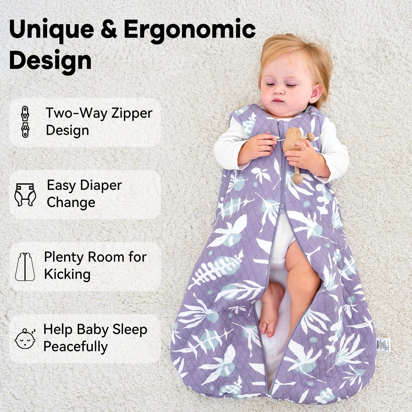 Unnivoll Baby Sleeping Bag 1.5 Tog 0-6 Months Cotton Sleep Sack Baby Sleep Bag Wearable Blanket with 2-Way Zipper for Newborn Infant Purple Leaves - Image 4