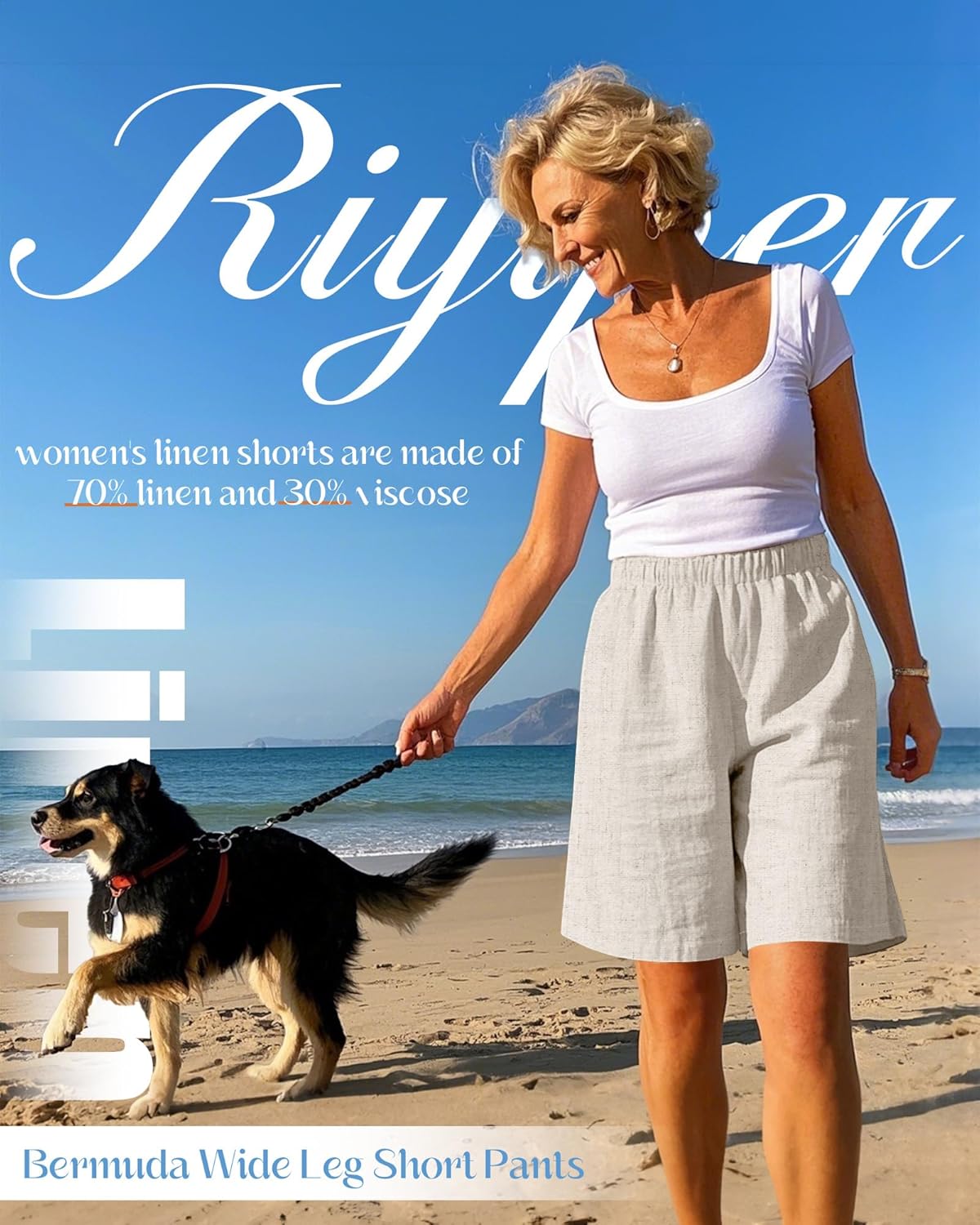 Riyiper 3 Pack Women's Linen Shorts Elastic High Waist Bermuda Wide Leg Summer Casual Lounge Short with Pockets - Image 6