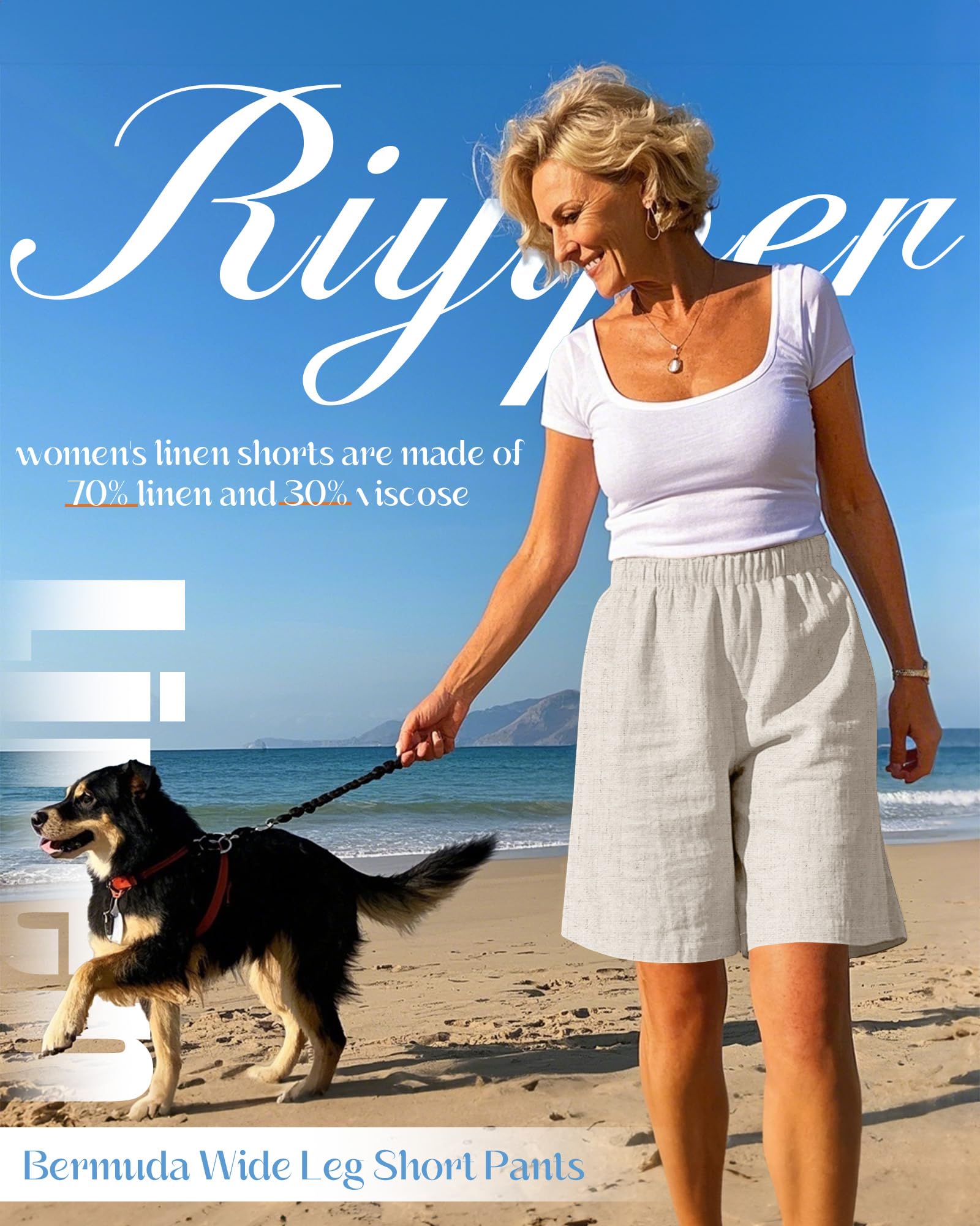 Riyiper Confezione da 3 pantaloncini da donna in lino, elasticizzati, a vita alta, a gamba larga, estivi, casual, con tasche
