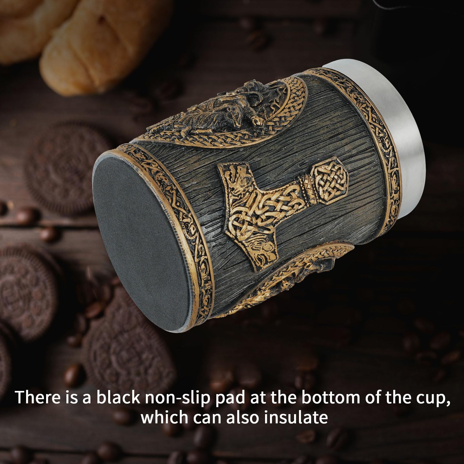 AtSKnSK Wikinger Bierkrug Edelstahl Becher Bierkrug mit einem Henkel Nordischer Mythologie Thors Hammer Lebensbaum Kaffee Bierkrüge Valhalla Wikinger Geschenke für Männer Damen (Thor Hammer)