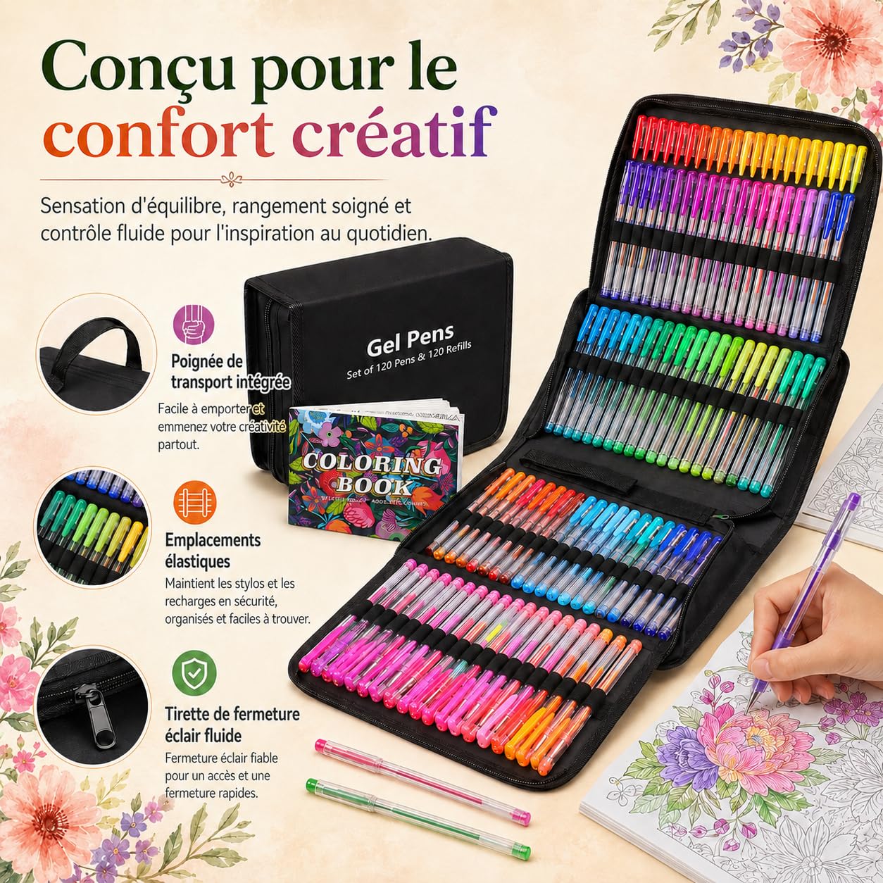 Gunsamg 240 Gel Coloriage Adulte, 120 Stylo Paillette avec 120 Recharges, Feutre Gel pour Enfants Livre de Coloriage Dessin, Écriture