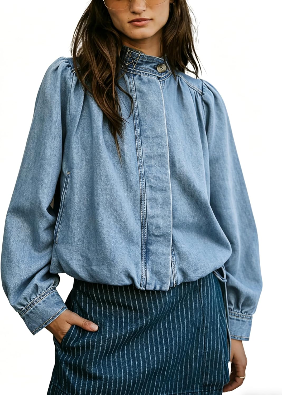 Lumister Women's Denim Jacket with Puff Sleeves Button Down Jean Top Outfit Casual Vintage Shacket for Women